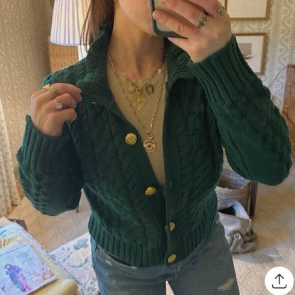 J.Crew Cable-knit Ruffleneck Cardigan Sweater Green sz S - Picture 2 of 8